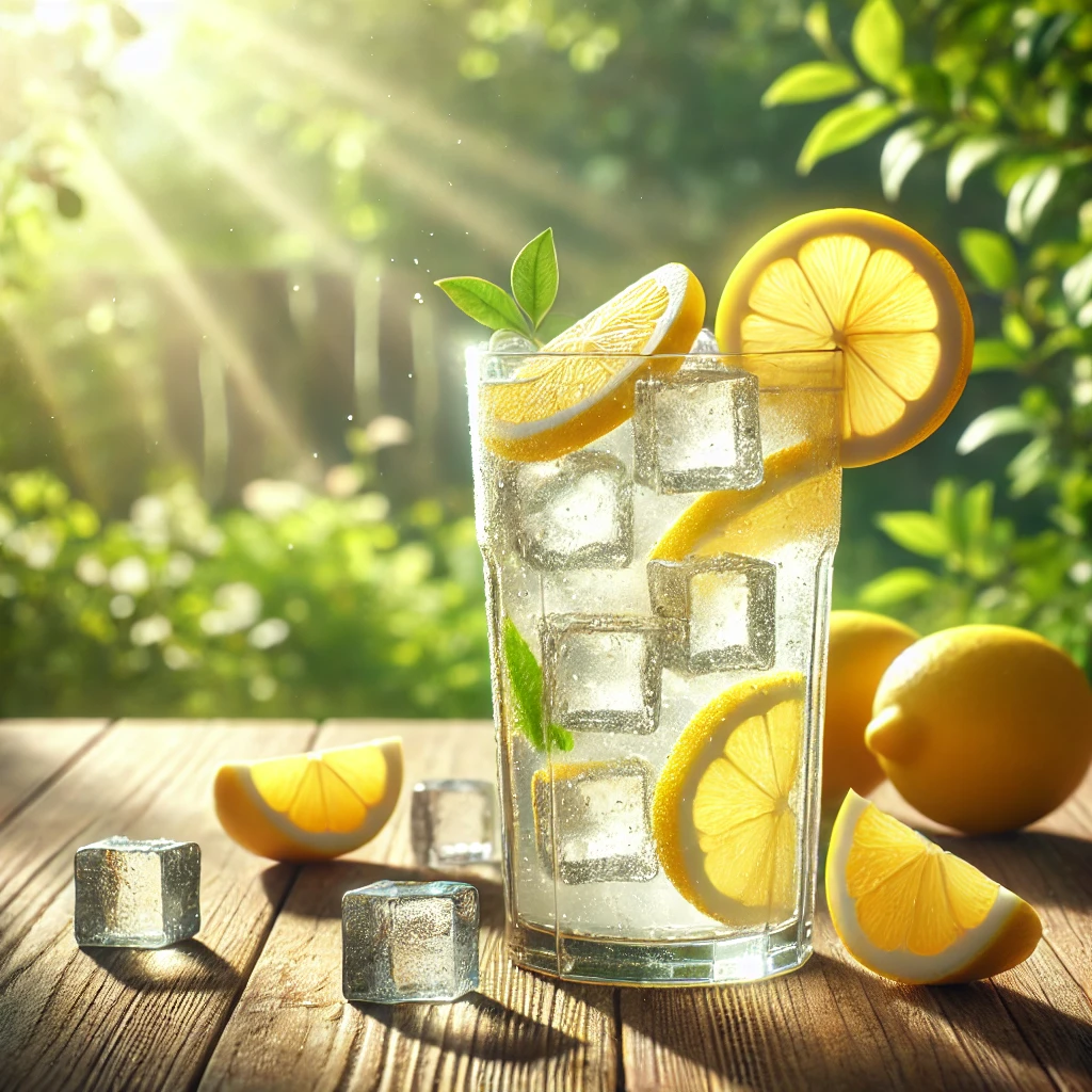 DALL·E 2024-08-31 19.01.05 - A full, tall glass of lemon lemonade filled with ice cubes and several slices of lemon floating inside. The glass is placed on a wooden table, and the